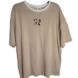Disney Mickey Minnie Mouse T-Shirt Unisex L Tan Embroidered Ringer Short Sleeve